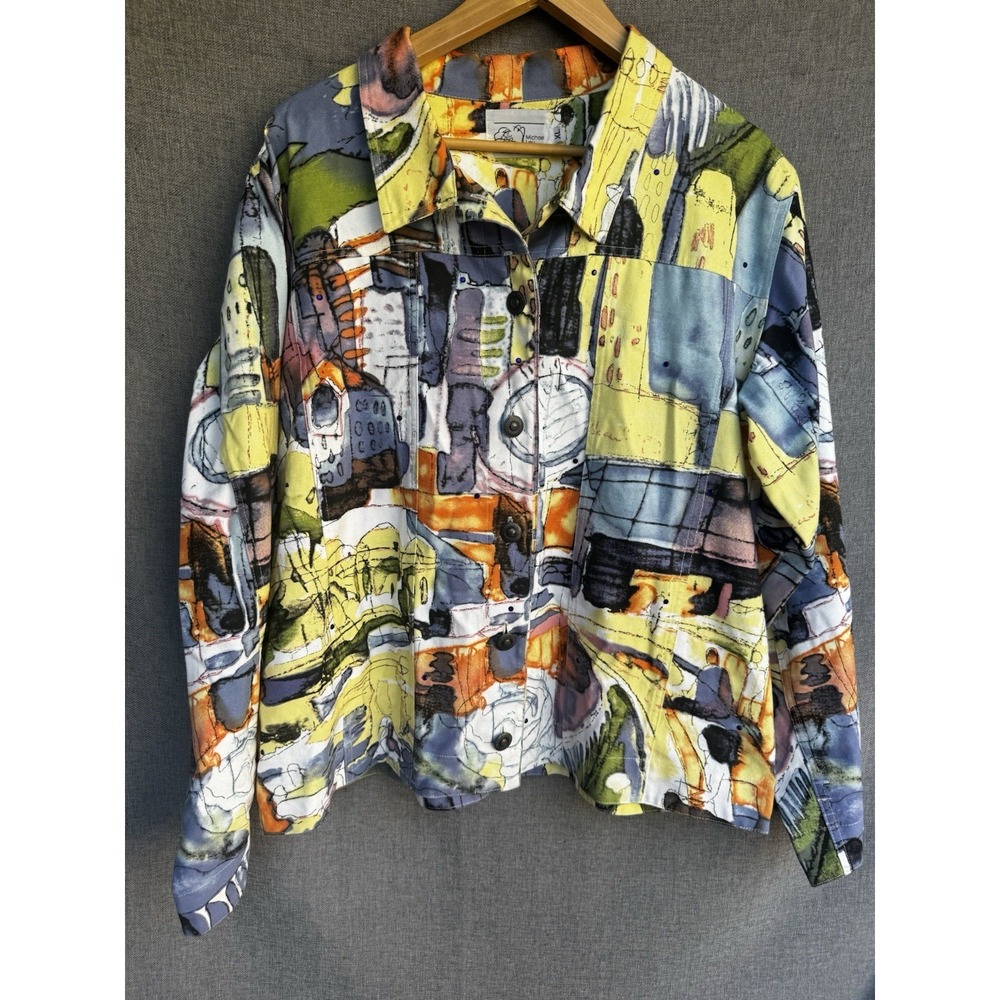 Michael Leu Abstract Art Print Denim Jacket XL Button Front Watercolor Cotton